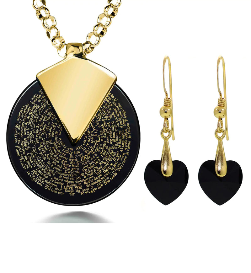 I Love You Necklace Set 24k Gold Inscribed in 120 Languages on Round Spinning Onyx